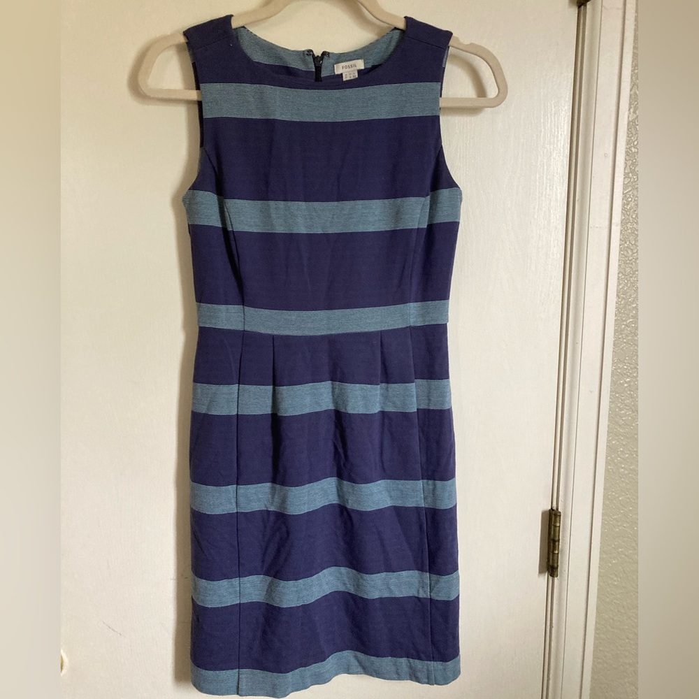 *Fossil Audrey Twilight Blue Striped Y2K Retro Pleated Size 0 Sheath Dress #Gr